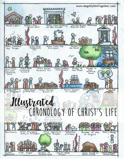 {Thank you Erin S. for this illustrated Life of Christ!} The sequel for the Illustrated Old Testament Chronology is here!  This illustration is perfect for a Bible insert, SS notebook page, poster…. the possibilities are endless! See also the illustrated chronology of Acts by Erin!   PS Check out the chronology art printed onto a... Bible Timeline, Scripture Writing Plans, Homeschool Geography, Life Of Christ, Ayat Alkitab, Bible Activities, Bible Lessons For Kids, Jesus Lives, Bible Teachings