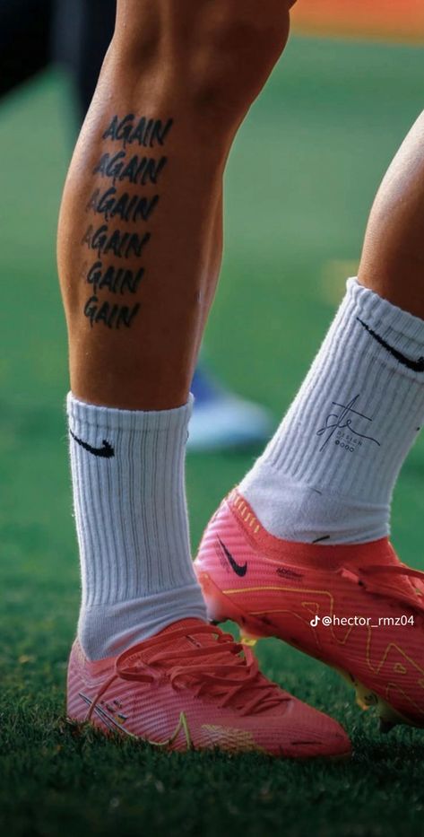 Leg Tattoo Men Quote, Mudryk Tattoo, Soccer Tattoos For Men Leg, Back Calf Tattoos Men, Sport Tattoos For Men, Side Calf Tattoo Men, Athlete Tattoos Men, Calf Tattoo Men Ideas, Sports Tattoos For Men Ideas