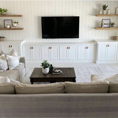 Living Room Built Ins Shiplap, Living Room Lower Built Ins, Tv Area With Shelves, 86inch Tv, Bead Board Tv Wall, Where To Put A Tv In A Living Room, Family Room Media Wall, Living Rooms With No Fireplace, Built In Cabinets Living Room With Tv