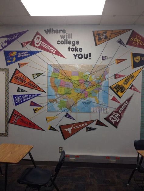 Awesome way to display college pennants. College Theme Classroom Door, College Pennants In Classroom, College Themed Classroom, College Display Board Ideas, College Acceptance Wall School Counselor, College Theme Classroom, Avid Classroom Decorations, College Bulletin Board, College Theme