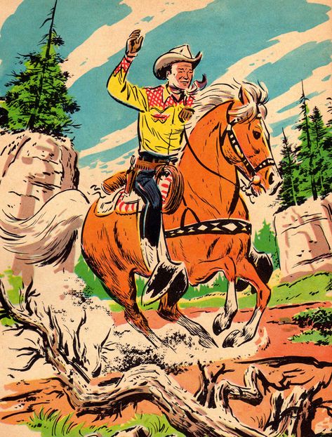 Roy Rogers grinned as his horse Trigger flew over the ground towards Silver Creek. Comic Pop Art, Western Comics, Pahlawan Super, Cowboy Art, Vintage Cowboy, Jolie Photo, Western Art, Vintage Western, Caricatures