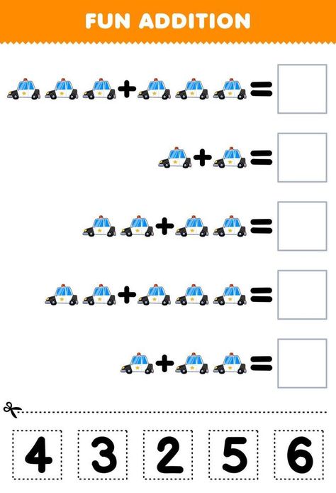 Education game for children fun addition by cut and match correct number for cute cartoon police car printable transportation worksheet Police Worksheet, Police Activities For Preschool, Community Helpers Lesson Plan, Community Helper Lesson, Car Printable, Police Activities, Transportation Worksheet, Community Helpers Theme, Car Activities