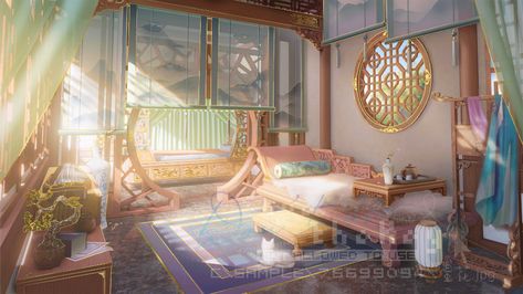 Prince Bedroom Ideas, Chinese Royal Bedroom, Traditional Chinese Bedroom Aesthetic, Chinese Traditional Bedroom, Chinese Room Traditional, Bedroom Illustration Aesthetic, Ancient Chinese Bedroom, Chinese Room Aesthetic, Chinese Bedroom Traditional