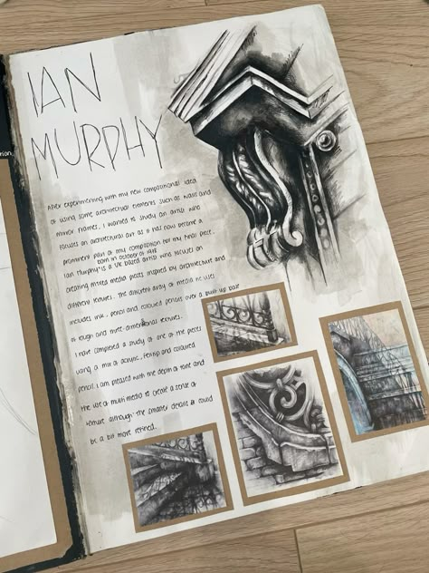 Artist study - Ian Murphy #alevelart #sketchbook #sketch #inspiration Grade 9 Gcse Art, Gcse Art 3d Final Piece, Things To Add To Ur Sketch Book, Artist Pages Gcse Art, Artist Study Sketchbook, Architecture Gcse Art Sketchbook, Gcse Art Museum Page, A Level Art Book, Art Alevel Pages