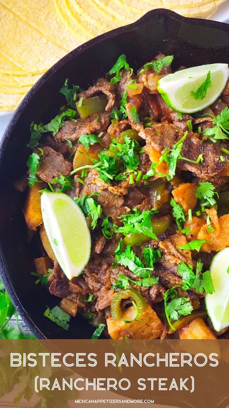 This recipe of Bisteces Rancheros (Steak Ranchero) is sure to be a family pleaser! Tender pieces of steak surrounded by onions, chiles, tomatoes and slivers of potatoes, all engulfed in a delicious tomato sauce blend. Ready in 30 minutes! #bistecesrancheros #bistecranchero #steakranchero #bistecalamexicana via @mexicanappetizersandmore Mexican Sirloin Steak Recipes, Steak A La Mexicana Recipe, Beef Steak Ranchero Recipe, Steak Ranchero Mexican, Steak And Onions Puerto Rican, Steak Ranchero, Steak Breakfast, Mexican Seasoning, Drying Cilantro