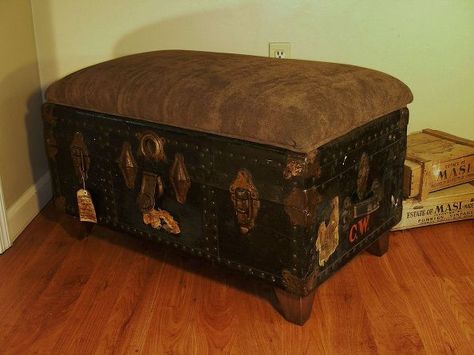 Upcycled Trunk With Upholstered Seat Dishwater Blonde Hair With Highlights, Harry Potter Apartment, Trunk Upcycle, Dishwater Blonde Hair, Ikea Storage Cubes, Diy Trunk, Trunk Redo, Trunk Bench, Trunk Decor