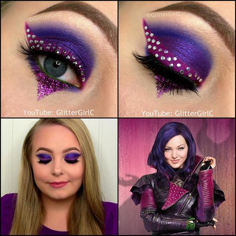 Descendants Mal Makeup | GlitterGirlC Descendants Makeup Ideas, Mal From Descendants Makeup, Mal Makeup Descendants, Descendants Makeup, Maleficent Makeup, Disney Eye Makeup, Maquillage Halloween Simple, Disney Inspired Makeup, Disney Princess Makeup