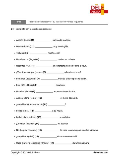 Ejercicio de gramática en español de nivel A1/A2: Presente de indicativo - 20 frases con verbos regulares - Completa con los verbos en presente. Andrés (beber) ... café cada mañana., Marisa (hablar) ... muy bien inglés., Tú (viajar) ... mucho, ¿no?, Usted nunca (llegar) ... tarde a su trabajo., N... Spanish Exercises, Spanish Classroom Decor, Spanish Classroom Activities, Spanish Worksheets, Spanish Teaching Resources, Spanish Classroom, Spanish Class, Teaching Spanish, Learning Spanish