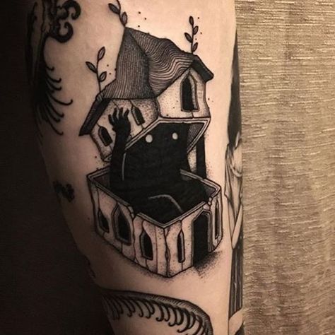 Haunted House Tattoo, House Tattoo, 4 Tattoo, Monster House, Dark House, Spooky Tattoos, Home Tattoo, Dark Tattoo, Time Tattoos