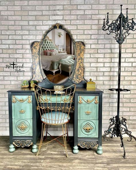 Restored Relics on Instagram: “Now Available! Finally finished this beauty! This stunning large Vintage Vanity that has been given a total makeover! Hand painted in a…” Hand Painted Vanity, Boho Space, Vintage Vanity, French Country Style, Refurbished Furniture, Chic Furniture, Hand Painting Art, Paint Furniture, Repurposed Furniture