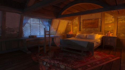 ArtStation - Environments for Middara: Unintentional Malum, Roman Kuteynikov Bedroom Concept Art, Fantasy Inn, Medieval Bed, Medieval Bedroom, Dnd Room, Bedroom Concept, Dj Room, Whimsical Bedroom, Fantasy Bedroom