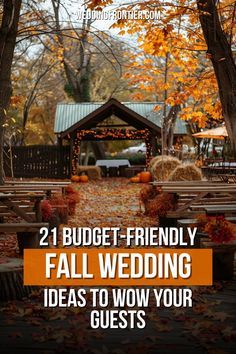 Discover 21 budget-friendly fall wedding ideas that will wow your guests. From seasonal decor to creative details, these tips will help you plan an unforgettable autumn celebration without breaking the bank. Perfect for a stunning and cost-effective wedding! Outdoor Wedding Fall Decorations, Simple Outdoor Fall Wedding Decor, Fall Wedding Budget Ideas, Fall Home Wedding Ideas, Fall Wedding Decor On A Budget, Fall Wedding Dinner Ideas, Wedding Decorations For Fall, Fall Harvest Wedding Theme, Outdoor Fall Weddings