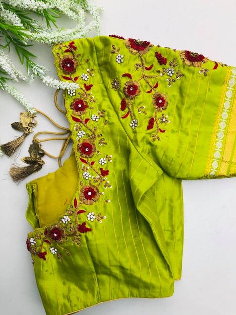 Parrot Green Blouse Design, Green Blouse Design, Maggam Designs, Silk Saree Blouse Designs Patterns, Cotton Blouse Design, Best Blouse Designs, Parrot Green, Wedding Saree Blouse Designs, Simple Embroidery Designs