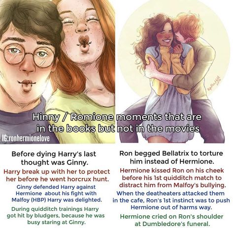 Funny Harry Potter Fanart, Hermione X Ron Fan Art, Hinny Fan Art Cute, Ron And Hermione Book Moments, Hinny Books Moments, Hinny Fan Art Comics, Hinny Headcannons Kiss, Book Harry Potter Fanart, Harry And Ginny Book Moments