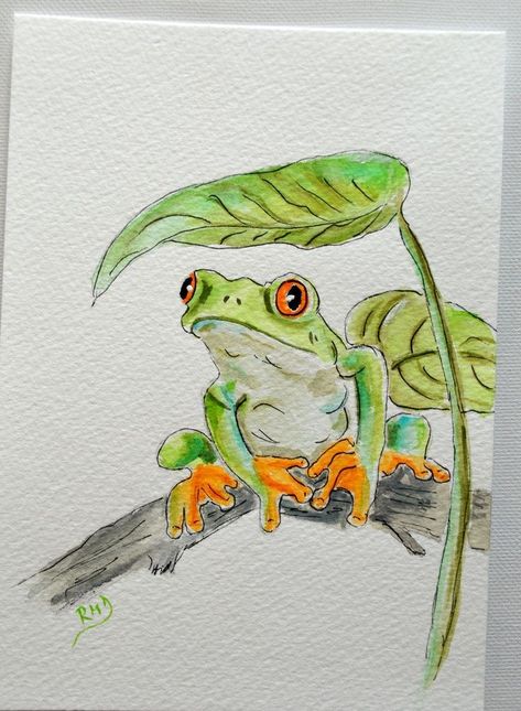 Something Green Drawing, Green Watercolor Painting Ideas, Frog On Leaf Drawing, Watercolour Animal Painting, Frog Painting Ideas On Canvas, Cute Frog Painting Easy, Simple Frog Painting, Painting Animals Easy, Frog Watercolor Paintings