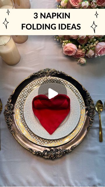 Tahira Nagori | Decor, DIY, Cleaning & Organization on Instagram: "3 ways to fold napkin, which one is your favorite? 

1️⃣ Heart fold
2️⃣ Rose fold
3️⃣ Envelope fold

All of these are amazing options if you are hosting a Valentine or Galentine party. I personally love the heart fold option for valentine dinner party and rose fold option for Galentine brunch. I like to use cotton napkin when doing these kind of napkin fold as they can hold the shape really
nice.
:
:
:
#valentinesbrunch #galentinesparty #napkinfolding #letsgo #tablesetting Valentine party, Galentine brunch, trending reels, table setting, napkin folding tutorial, Valentine’s Day decor, valentine gift, heart napkin fold, rose napkin fold, envelope napkin fold." Rose Napkin Fold, Galentine Brunch, Ways To Fold Napkins, Valentine Dinner Party, Napkin Folding Tutorial, Valentines Brunch, Cleaning Organization, Galentines Party, Valentine Party