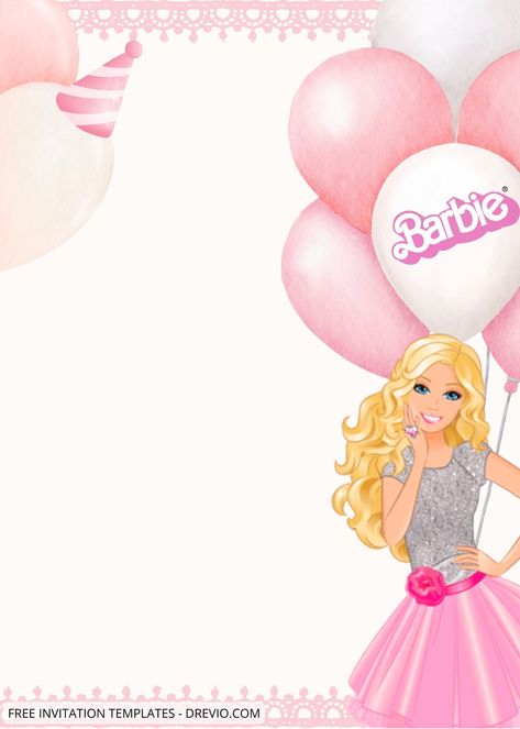 Barbie And Ken Birthday Invitations, Barbie Theme Invitation Template, Barbie Cards Birthday, Barbie Birthday Invitations Free, Barbie Invitation Card, Barbie Party Invitations, Barbie Invitation Template, Pink Barbie Party, Barbie Background