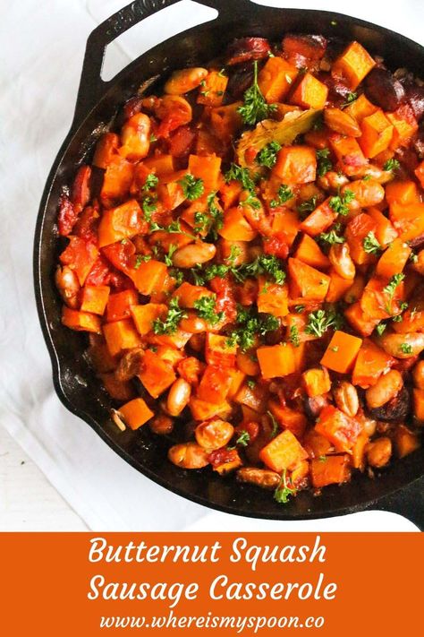 Sausage And Squash Recipes, Butternut Squash Sausage Recipes, Pork And Butternut Squash, Butternut Squash And Sausage, Squash Sausage, Butternut Squash Sausage, Butternut Squash Stew, Pumpkin Casserole, Butternut Squash Sweet