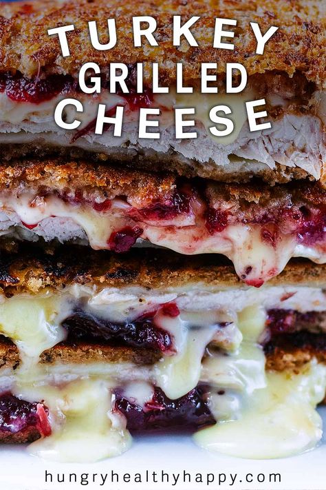 One of the easiest ways to your your leftover turkey this Christmas or Thanksgiving is in a Turkey Grilled Cheese Sandwich. Golden toasted bread stuffed with slices of turkey, cranberry sauce and gooey melted Brie. Total comfort food made with leftovers! Cranberry Grilled Cheese Sandwich, Turkey Grilled Cheese Sandwich, Chutney Recipes Christmas, Turkey Grilled Cheese, Turkey Cheese Sandwich, Turkey Grilled, Leftover Turkey Curry, Toasted Turkey, Blue Cheese Pasta