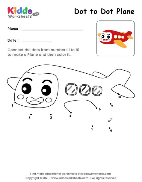 Free Printable Dot to Dot Plane Worksheet - kiddoworksheets Airplane Worksheets For Kids, Free Printable Dot To Dot, Printable Dot To Dot, English Preschool, Make A Plane, K Dot, Dot Worksheets, Dot To Dot, Paper Airplane