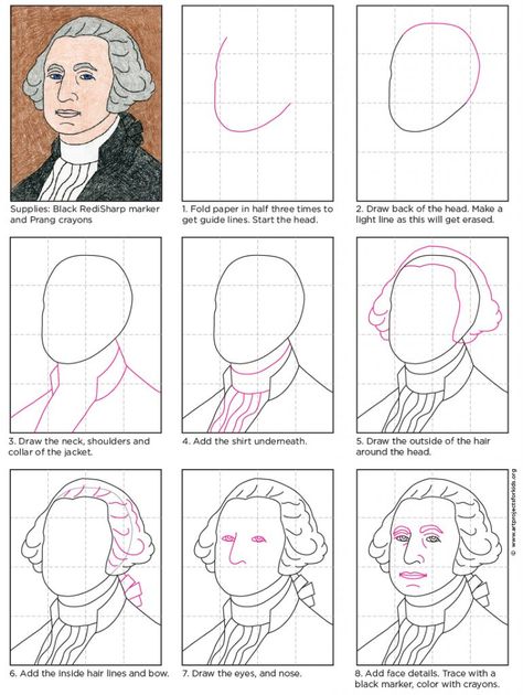 If you are ready for a tutorial on how to draw George Washington that is more than just an old guy with curly gray hair, then try this one. You’ll learn more about makes someone look like they came from an older time. This tutorial includes everything I know to help your students have a successful drawing: a finished sample, step-by-step tutorial, line drawing example, and grid template to copy. #presidentsday #georgewashington George Washington Homeschool, George Washington Coloring Pages, George Washington Activities For Kids, George Washington Activities, Washington Art, Directed Drawing, Drawing Examples, Art Lessons For Kids, Cycle 3