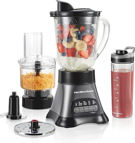 Amazon.com: Hamilton Beach Blender for Shakes and Smoothies & Food Processor Combo, With 40oz Glass Jar, Portable Blend-In Travel Cup & 3 Cup Electric Food Chopper Attachment, 700 Watts, Gray & Black (58163): Home & Kitchen Travel Jar, Shakes And Smoothies, Kitchen Blenders, Cup Food, Smoothie Makers, House Essentials, Ice Cold Drink, Electric Foods, Best Blenders