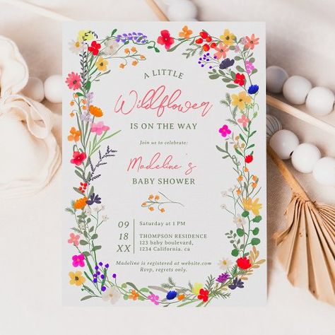 $2.77 | Modern chic boho bright wild flowers baby shower | Baby Shower Invitations | modern chic boho flowers, boho rustic wild flowers, pink red green purple flowers, floral watercolor wedding, cute wild flowers, red and green floral botanical, modern script typography, boho rustic tea garden theme, floral baby shower, wildflower on the way Flower Themed Birthday Party Invitations, Colorful Baby Shower Ideas, Inspi Makeup, Green Baby Shower Invitations, Modern Baby Shower Invitations, Boho Baby Shower Invitations, Green Baby Shower, Bright Boho, Flower Guide