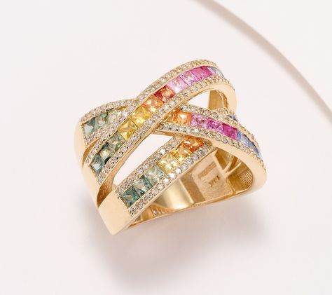 Color your world -- and your wardrobe -- with this lively ring reminiscent of a radiant rainbow. From Effy's Watercolor Collection, this multi-hued mosaic of sapphires and white diamonds meshes rich colors and red-carpet-ready sparkle in a 14K-gold highway style.  So many sapphires, so many colors! The diamond-lined crossover design is the perfect canvas for these sought-after gemstones, with fancy green, orange, pink, and yellow joining the classic blue hue. And it'll complement anything in you Modern Ring Design, Red Sapphire, Rainbow Sapphires, Multi Gemstone Ring, Shiny Objects, Gem Diamonds, Multi Sapphire, Contemporary Ring, Effy Jewelry