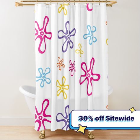 Extra-long decorative fabric shower curtains with 12 button holes. Comes ready to hang. Vivid, full-color printed on front and white on back. Fits most standard size tubs and showers. Spongebob Sky Flowers Aesthetic Cartoon Bathroom Ideas, Spongebob Shower Curtain, Fun Bathroom Themes, Spongebob Bathroom Decor, Spongebob Home Decor, Spongebob Themed Bathroom, Spongebob Bathroom Ideas, Spongebob Sky Flowers, Spongebob Bathroom