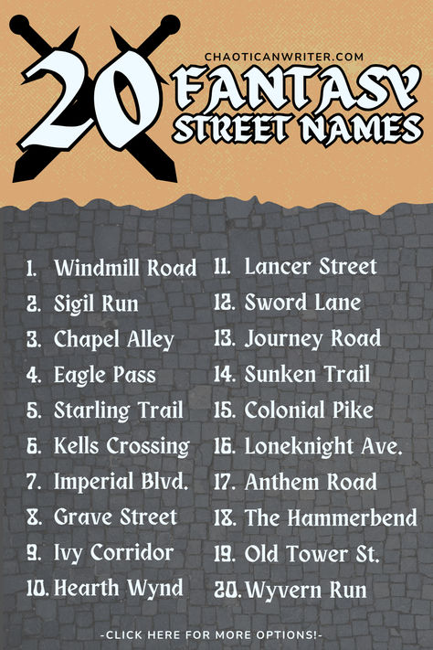 20 Fantasy Street and Road Names, all generated from the Chaotican Writer name gen of the same title! ... Whether its a city street, wilderness trail, or historic road, you have find these and many more on our site!  Our blog is built for worldbuilders, writers, dungeon masters, novelists, fantasy enthusiasts, game developers, DnD players looking for backstory details, and other artistic creators. Also, check out out fantasy city name generator, fantasy nation name generator and more! Fantasy Nation Names, Fantasy Town Name Generator, Town Name Generator, Fantasy Town Names, City Name Generator, Fantasy Nation, Fantasy City Names, Fantasy Street, Fantasy Town