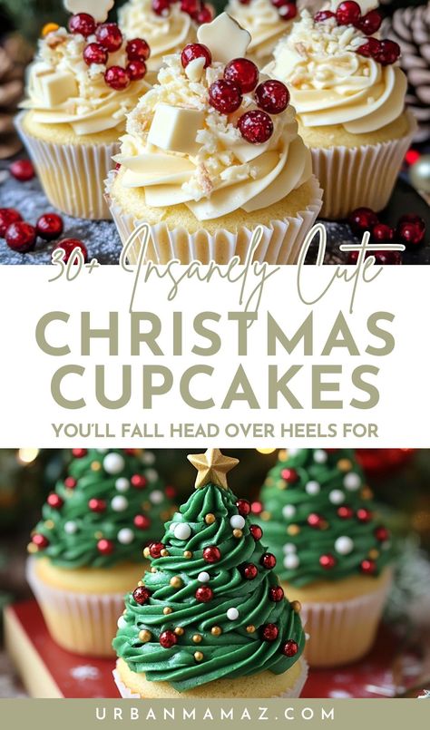 Looking for insanely cute Christmas cupcakes you'll fall head over heels for? Check out these 30+ easy Christmas cupcakes to bring cheer this year! Christmas Cupcakes Piping, Cupcake Presentation Ideas Display, Holiday Mini Cupcakes, Buttercream Frosting Cupcakes, Cupcake Ideas For Christmas, Xmas Cupcake Ideas Simple, Easy Xmas Cupcake Ideas, Christmas Cupcake Frosting Ideas, Christmas Cupcakes Designs