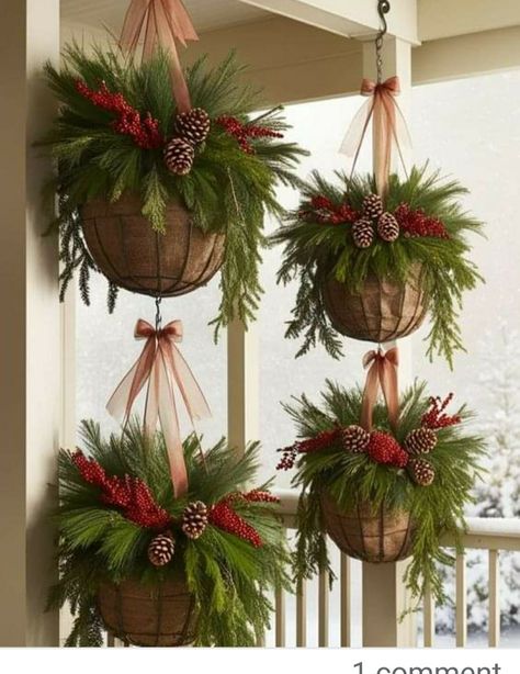 Holiday Hanging Baskets, Hanging Winter Baskets, Hanging Christmas Baskets Front Porches, Christmas Porch Hanging Decor, Diy Christmas Hanging Baskets, Hanging Christmas Planter, Outdoor Christmas Hanging Baskets, Christmas Hanging Baskets Front Porches, Hanging Christmas Baskets