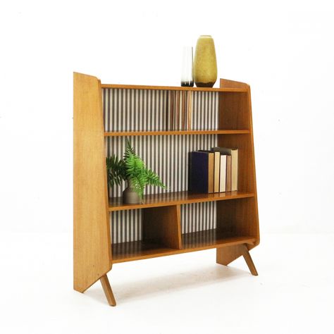 For sale: Asymmetrical '50s Ashwood Bookshelf by Ilse Möbel with Wallpapered Back 50s Bookshelf, Asymmetrical Bookshelf, Asymmetrical Interior, Mid Century Cabinets, Timber Projects, Mid Century Modern Shelves, Bookshelf Small, Mid Century Modern End Table, Bookshelf Inspiration