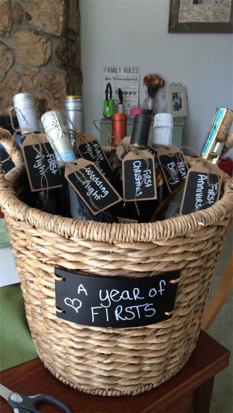 20+ Bridal Shower Favor Gifts Your Guests Will Like Wedding Wine Basket, Creative Bridal Shower Gifts, Bridal Shower Presents, Unique Bridal Shower Gifts, Bridal Shower Gifts For Bride, Brides Basket, Diy Wedding Gifts, Wine Gift Baskets, Wine Baskets