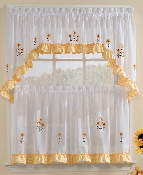 all around very cute! Kitchen Curtain Designs, Sunflower Themed Kitchen, White Kitchen Curtains, Kmart Home, Kitchen Curtains And Valances, Bathroom Window Curtains, Curtains Pictures, Kitchen Window Curtains, Kitchen Curtain Sets