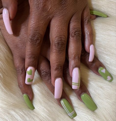 Pink and Green Nails Green And Pink Valentines Nails, Pale Pink And Green Nails, Sage Green And Light Pink Nails, Pink And Green St Patricks Day Nails, Aka Nail Designs, Green And Pink Nail Ideas, Pink And Green Nails Acrylic, Pink And Green Nails Design, Nail Designs Dark