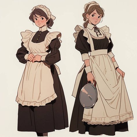 Maid Outfit Realistic, Aesthetic Maid Outfit, Maid Uniform Aesthetic, 1920s Maid Uniform, Maid Uniform Drawing, Old Maid Outfit, Maid Pose Reference Drawing, Elegant Reference Poses, Chef Outfit Drawing