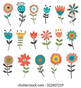 Flowers Vector Flat Design Flowers Set: vetor stock (livre de direitos) 1032949447 Arte Doodle, Folk Art Flowers, Scandinavian Folk Art, Folk Embroidery, Flower Doodles, Decorative Elements, Folk Art Painting, Arte Floral, Alsace