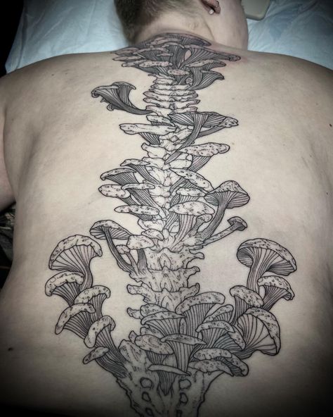 #mushroomtattoo #blackandgreytattoo #spinetattoo #mushroomart #customtattoo #fineliner #anatomy Tattoo That Represents Growth, Spine Tattoo Ideas, Lewes Delaware, Private Tattoos, Spinal Column, Mushroom Tattoos, Spine Tattoos For Women, Unique Tattoo Designs, Spine Tattoo