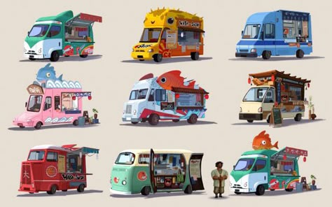 Idle Game, Props Concept, Car Illustration, Truck Design, Prop Design, Big Hero 6, Car Cartoon, Visual Development, Food Trucks