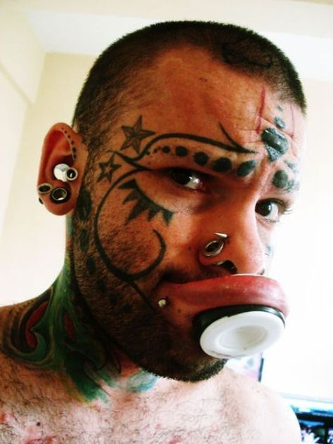 EXTREME BODY MODS!!! Too much, do you think? I personally think the lip-gauging is absolutely disgusting...It just looks so...so bad... Mouth Piercings, S Tattoos, Piercing Chart, Trumpet Player, Portable Shower, Types Of Piercings, Okie Dokie, Body Modification, Lip Ring