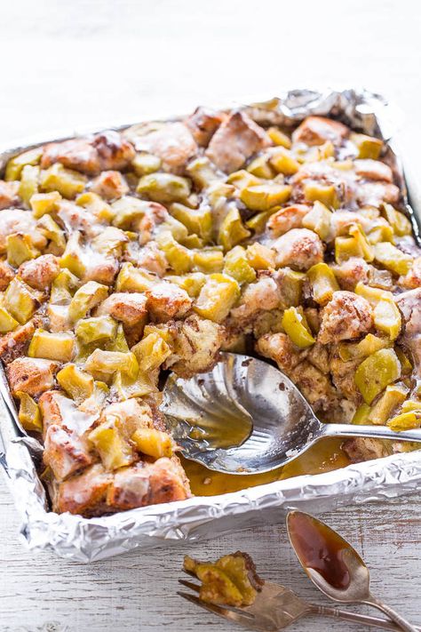 Apple Cinnamon Roll Bake, Overnight Cinnamon Rolls, Fluffy Cinnamon Rolls, Cinnamon Roll Casserole, Cinnamon Roll Bake, Apple Cinnamon Rolls, Averie Cooks, Cinnamon Roll Dough, Yummy Deserts