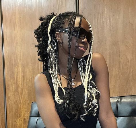 Black And Blonde Y2k Hair, Black And White Braids Peekaboo, Black And White Goddess Braids, Black And White French Curl Braids, White And Black Box Braids, Skunk Braids For Black Women, Skunk Hair Braids, Black And Blonde Twists, Black And Silver Braids