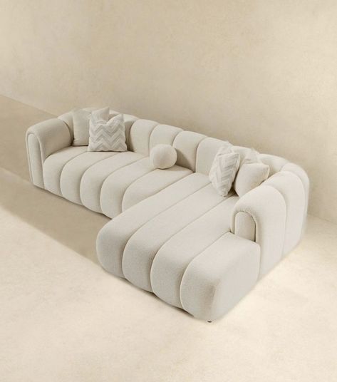 pulling in lines l-shape sofa Cali Pearl Sofa, Arhaus Boucle Sofa, Rh Inspired Sofa, Playroom Sofa Luxe, Puffy Sofa, Pearl Drawing, Modern Tufted Sofa, Furniture Design Living Room, Tufted Sofa