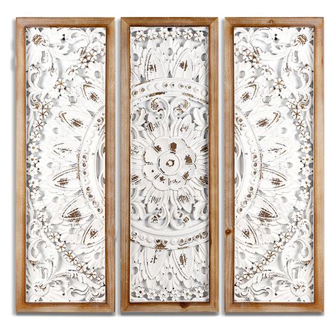 PRICES MAY VARY. [RETRO FARMHOUSE CHARM]Complete the traditional look of your indoor space by the handcrafted wooden wall decor panels set. Design inspired by geometric curves and flowers, Make your bare wall stand out in no time. [EXCELLENT DETAILING] Faint whitewash finish over natural wood brown surface, enhances textured look, With rusted and distressed style Make them look more antique. Because surface are whitewash finish by handmade so each one is a little different than the other. [PRODU Wall Art Panels Decor, Large Wall Decor Ideas, Farmhouse Luxury, Farmhouse Wall Decor Living Room, Medallion Wall Art, White Wood Paneling, Wooden Wall Art Decor, Room Pics, Wall Stand