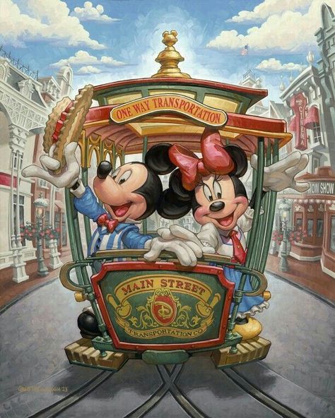 One way transportation Main Street Disney Mickey & Minnie Mouse. Minnie Mouse Pictures, Retro Disney, Images Disney, Karakter Disney, Mickey Mouse Wallpaper, Disney Images, Mickey Y Minnie, Disney Cross Stitch, Art Disney