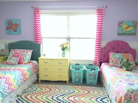 Here's our girls' bedroom!We chose a home with plenty of bedrooms, and it is a good thing, because we have lots of uses for them! 3 Girls Shared Bedroom, Boys Room Ideas Shared, Girls Shared Bedroom, Twin Girl Bedrooms, Sister Bedroom, Girl Bedroom Ideas, Shared Girls Room, Sister Room, Bedroom Tour