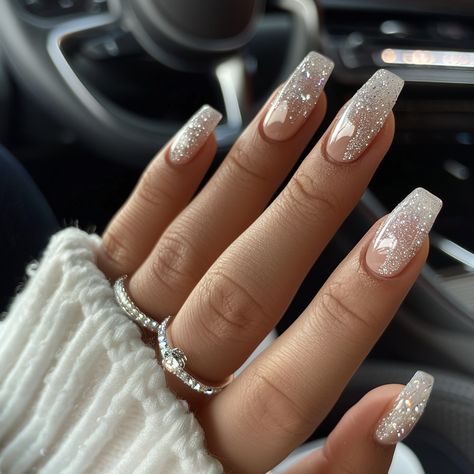 holiday nails, vacation nails, fall nails, acrylic nails, manicure, nail design, gel nails, long nails, short nails, nude nails, square nails, nail art, autumn nails, winter nails, sparkle nails, white nails, Christmas nails, Festive nails White Glitter Nails Acrylic Sparkle, Silver And White Ombre Nails, French Ombre Christmas Nails, Ombre Gems Nails, White Ombre Christmas Nails, Ombre Christmas Nails Winter, Gel Nails With Diamonds, Ombre Holiday Nails, Pretty Christmas Nails Acrylic