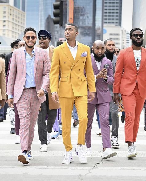 Suits And Jordans Men Outfits, Mens Colorful Suits, Roc Nation Brunch Outfit, Black Men In Suits, Funky Formal, Tux Prom, Ball Outfits, Midsummers Night, Creative Black Tie