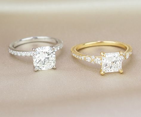 Cushion Vs Princess Diamond Rings, 3 Carat Engagement Rings, Wedding Rings Square, 3 Carat Engagement Ring, Engagement Rings On Finger, Gold Stacking Rings Wedding, Diamond Engagement Rings Cushion, Cushion Cut Diamond Engagement Ring, Princess Diamond Ring